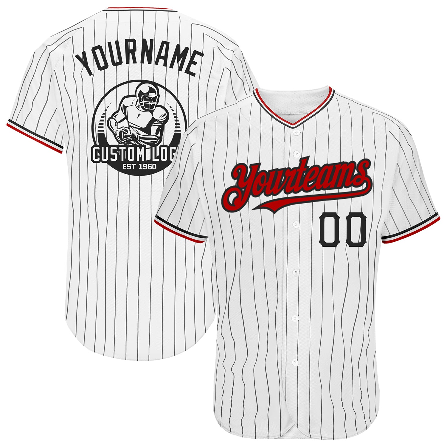 Personalized Authentic Baseball Jersey - White Black Pinstripe with Red Details Personalized White Black Pinstripe Red Authentic
