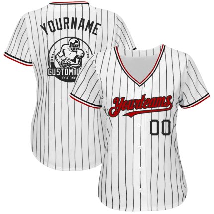 Personalized Authentic Baseball Jersey - White Black Pinstripe with Red Details Personalized White Black Pinstripe Red Authentic