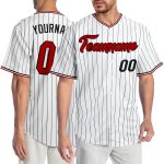 Personalized Red-Black Authentic Baseball Jersey with White Black Pinstripe Design Personalized White Black Pinstripe Red-Black