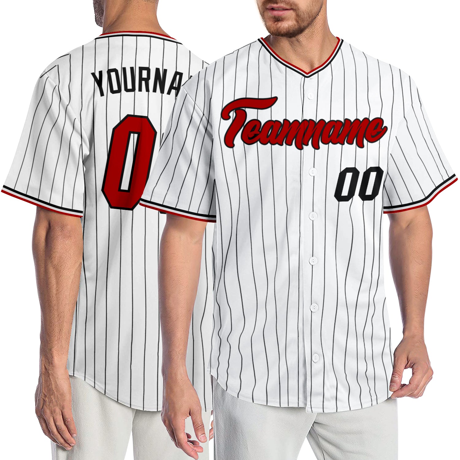 Personalized Red-Black Authentic Baseball Jersey with White Black Pinstripe Design Personalized White Black Pinstripe Red-Black