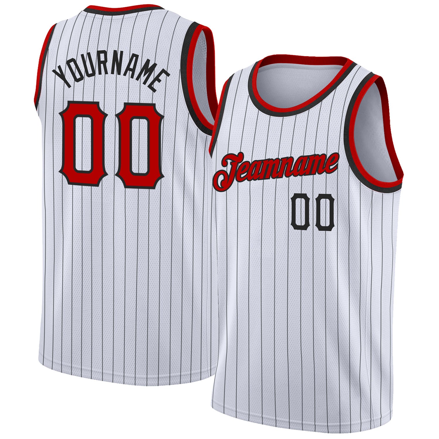 Customizable Authentic Basketball Jersey - Personalized White Black Pinstripe with Red-Black Team Name & Number Personalized