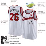 Customizable Authentic Basketball Jersey - Personalized White Black Pinstripe with Red-Black Team Name & Number Personalized