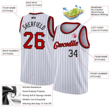 Customizable Authentic Basketball Jersey - Personalized White Black Pinstripe with Red-Black Team Name & Number Personalized