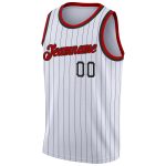 Customizable Authentic Basketball Jersey - Personalized White Black Pinstripe with Red-Black Team Name & Number Personalized