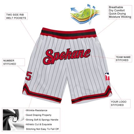 Custom Name Number Authentic Basketball Shorts Red Black White Pinstripe Team Design Personalized White Black Pinstripe Red-Black