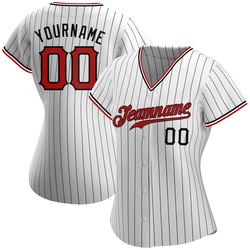 Custom Pinstripe Softball Jersey - Personalized Red-Black Team Name & Number - Authentic White Black Design Personalized
