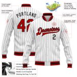 Custom Name Number Red Black Bomber Varsity Letterman Jacket Personalized White Black Pinstripe Design Personalized White