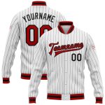 Custom Name Number Red Black Bomber Varsity Letterman Jacket Personalized White Black Pinstripe Design Personalized White