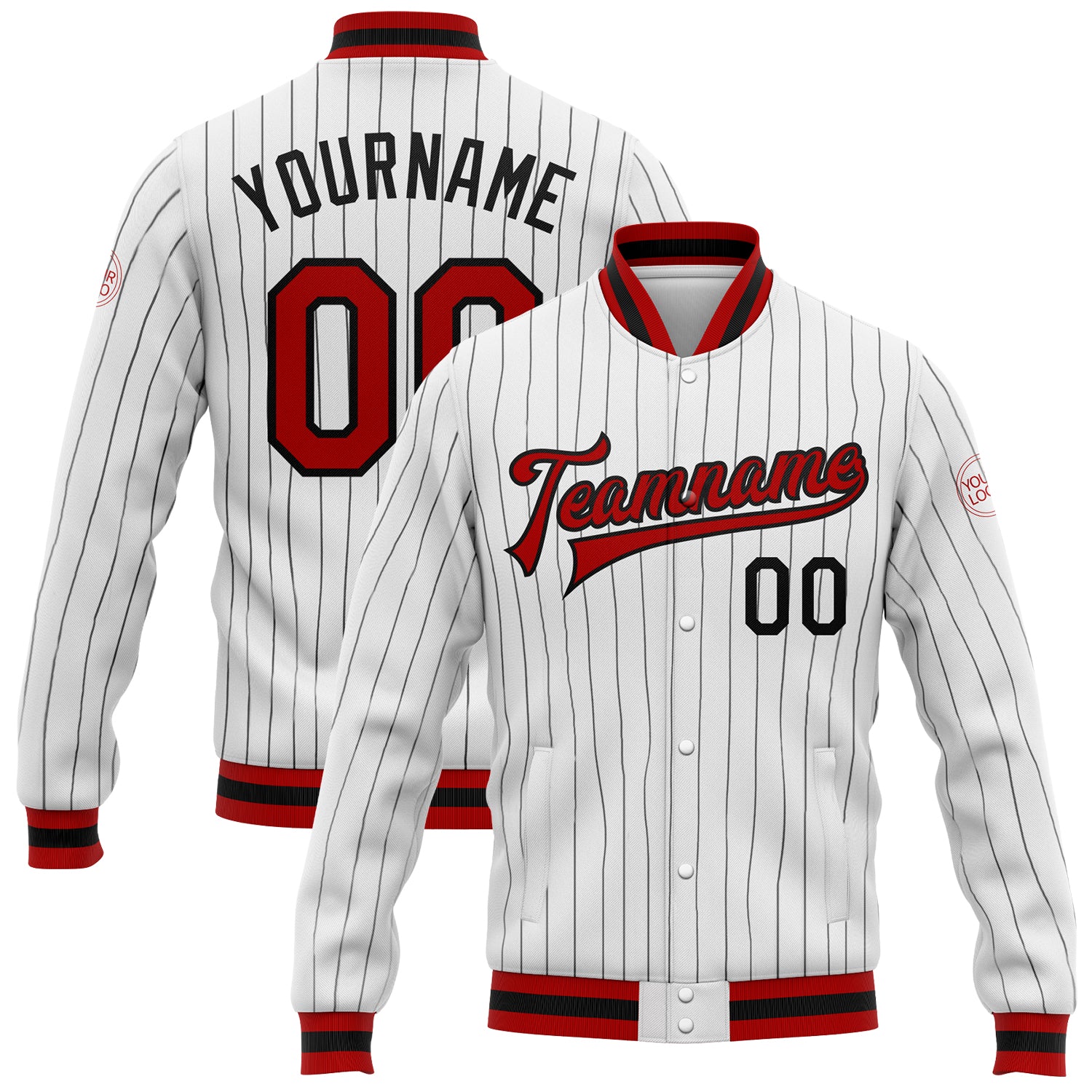 Custom Name Number Red Black Bomber Varsity Letterman Jacket Personalized White Black Pinstripe Design Personalized White