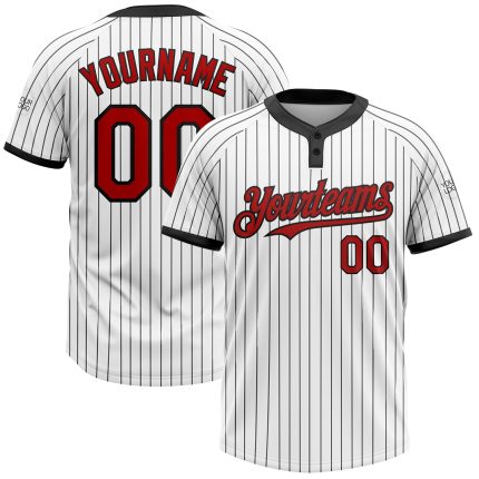 Personalized Unisex Softball Jersey - White Black Pinstripe Two-Button Red Design Personalized White Black Pinstripe Red