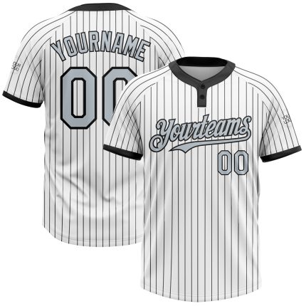 Custom Name and Number Unisex Softball Jersey - Personalized Silver Black Two-Button Pinstripe in White and Black Personalized
