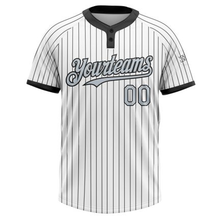 Custom Name and Number Unisex Softball Jersey - Personalized Silver Black Two-Button Pinstripe in White and Black Personalized