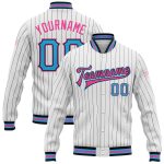 Custom Name and Number Pinstripe Bomber Jacket in Sky Blue Pink - Personalized Full-Snap Varsity Letterman Jacket Personalized
