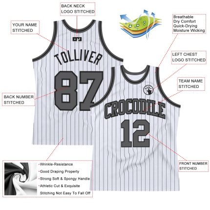 Custom Authentic Basketball Jersey with Personalized Name and Number - White Black Pinstripe Steel Gray Personalized White