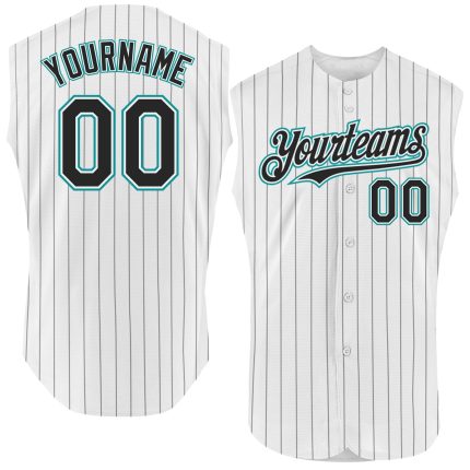 Custom Personalized Teal Black White Pinstripe Baseball Jersey Sleeveless with Team Name and Number Personalized White Black