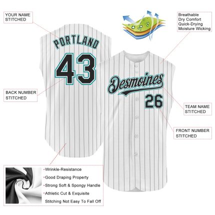 Custom Personalized Teal Black White Pinstripe Baseball Jersey Sleeveless with Team Name and Number Personalized White Black