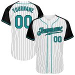 Custom Name and Number Teal and Black Baseball Jersey with White and Black Pinstripes, Authentic Raglan Sleeves Personalized