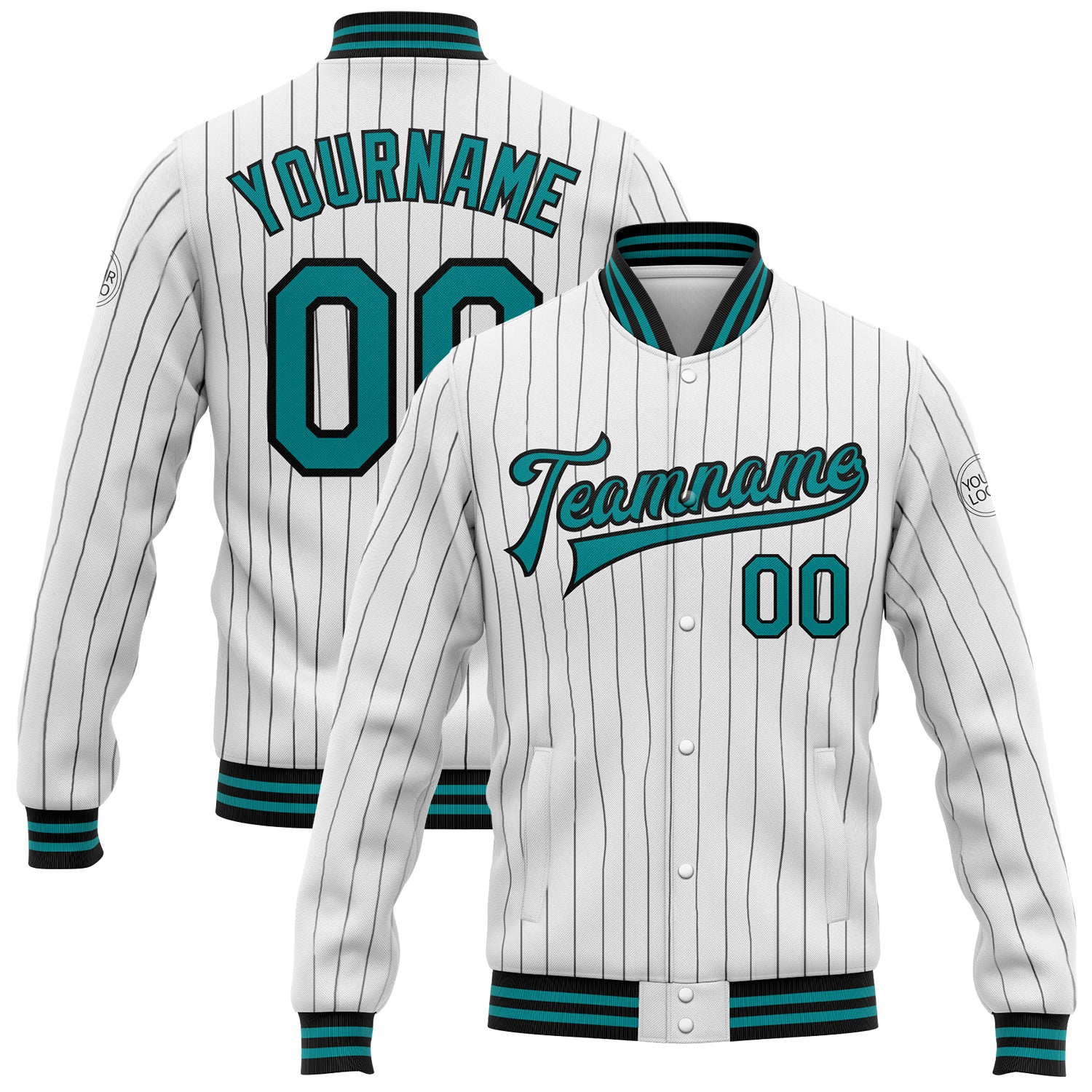 Custom Name and Number Teal Pinstripe Varsity Letterman Jacket - Personalized White and Black Bomber Style Personalized White