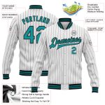 Custom Name and Number Teal Pinstripe Varsity Letterman Jacket - Personalized White and Black Bomber Style Personalized White