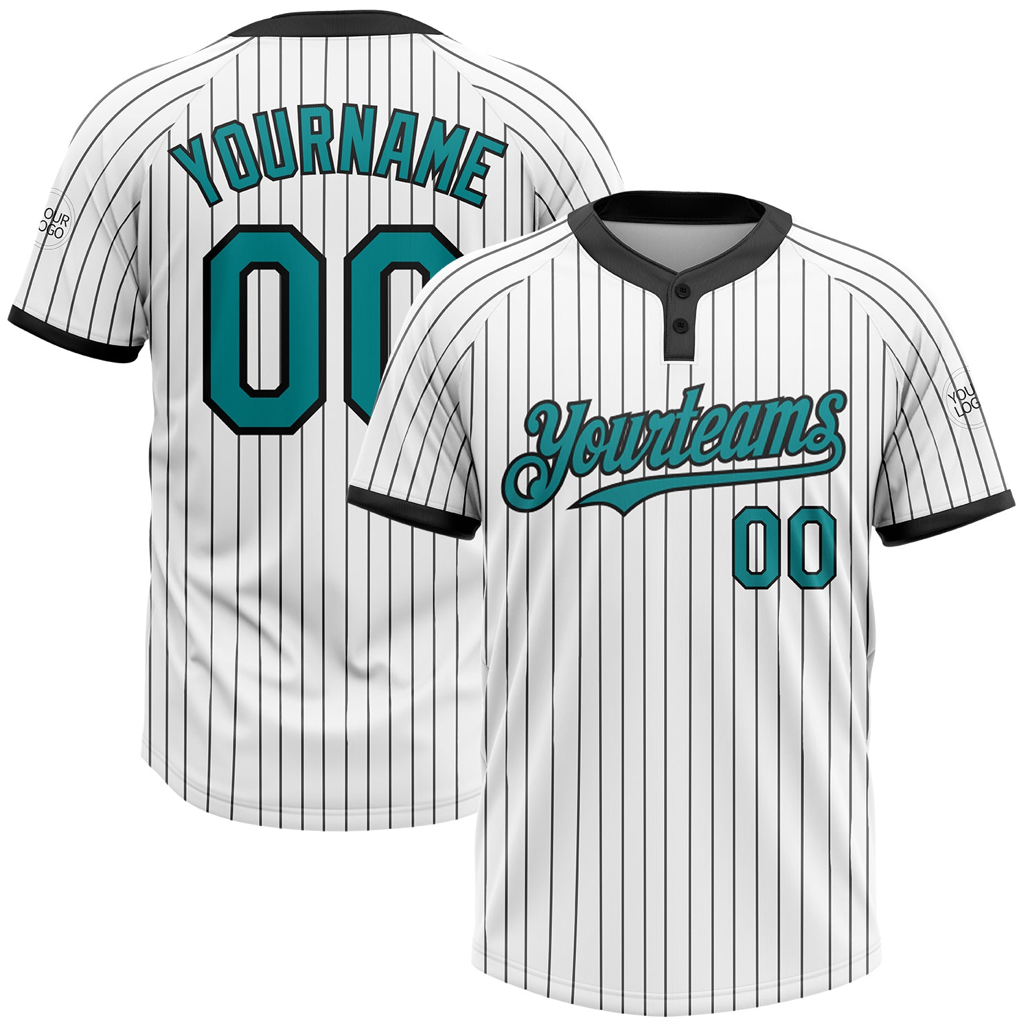 Customizable Two-Button Unisex Softball Jersey in White Black Pinstripe Teal with Name and Number Personalized White Black