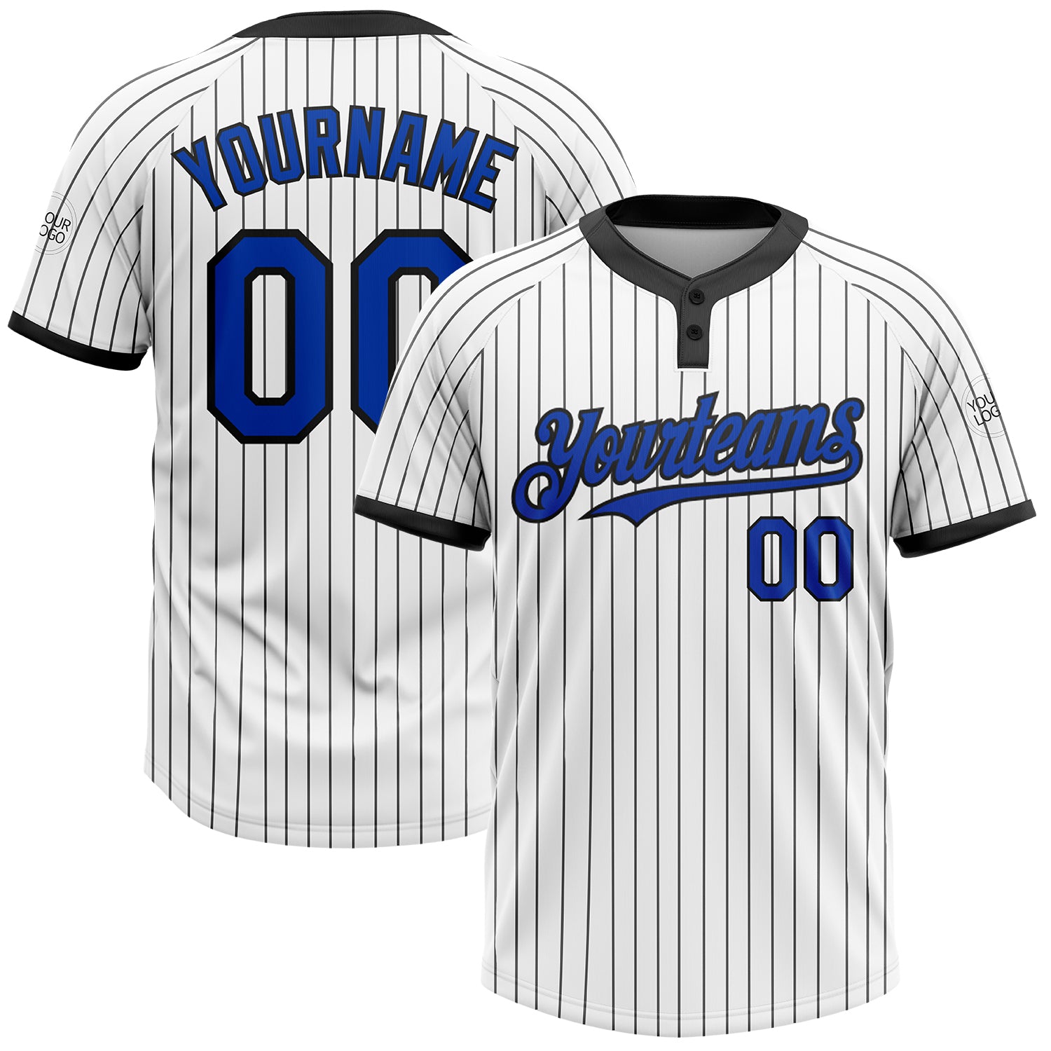Custom Name & Number Unisex Softball Jersey - Personalized Thunder Blue Black Pinstripe Two-Button Style Personalized White