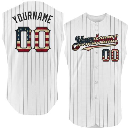 Custom Name and Number Vintage USA Flag Baseball Jersey - Personalized Sleeveless Black White Pinstripe Team Apparel Personalized