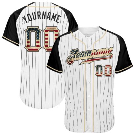 Personalized Vintage USA Flag Baseball Jersey with Custom Name and Number - Black Pinstripe Raglan Sleeves Personalized White