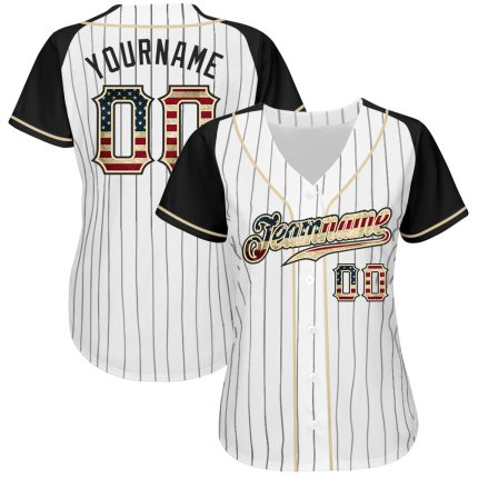 Personalized Vintage USA Flag Baseball Jersey with Custom Name and Number - Black Pinstripe Raglan Sleeves Personalized White