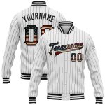Custom Name and Number Vintage USA Flag Bomber Varsity Jacket White Black Pinstripe Full-Snap Team Design Personalized White