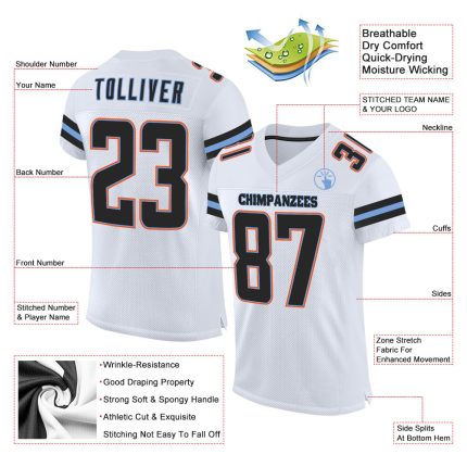 Custom Team Football Jersey with Personalized Name & Number, White Black-Powder Blue Mesh Authentic Design Personalized White