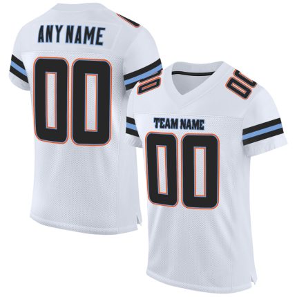 Custom Team Football Jersey with Personalized Name & Number, White Black-Powder Blue Mesh Authentic Design Personalized White