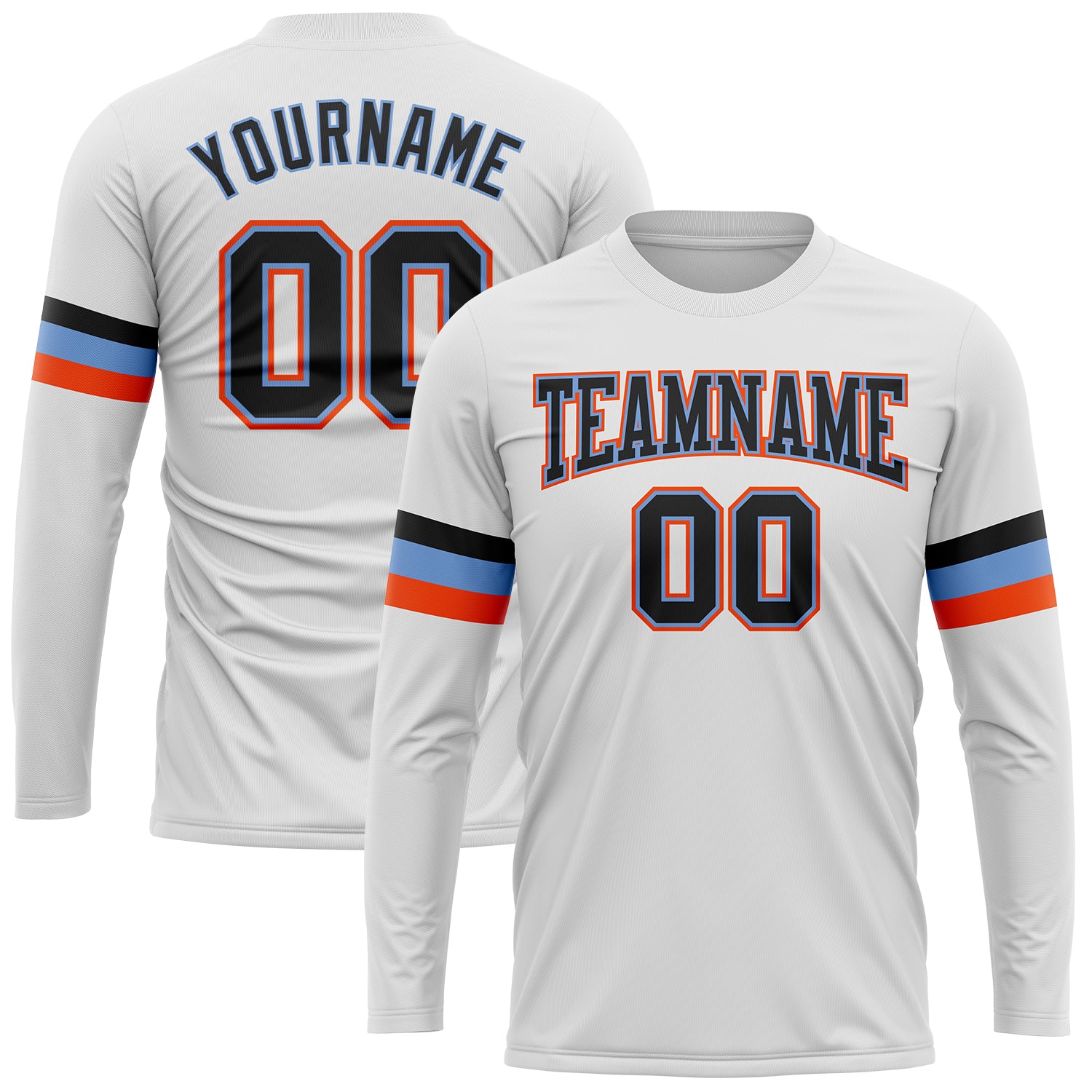 Custom Personalized Long Sleeve Performance T-Shirt with Name and Number in White Black Powder Blue Orange Personalized White