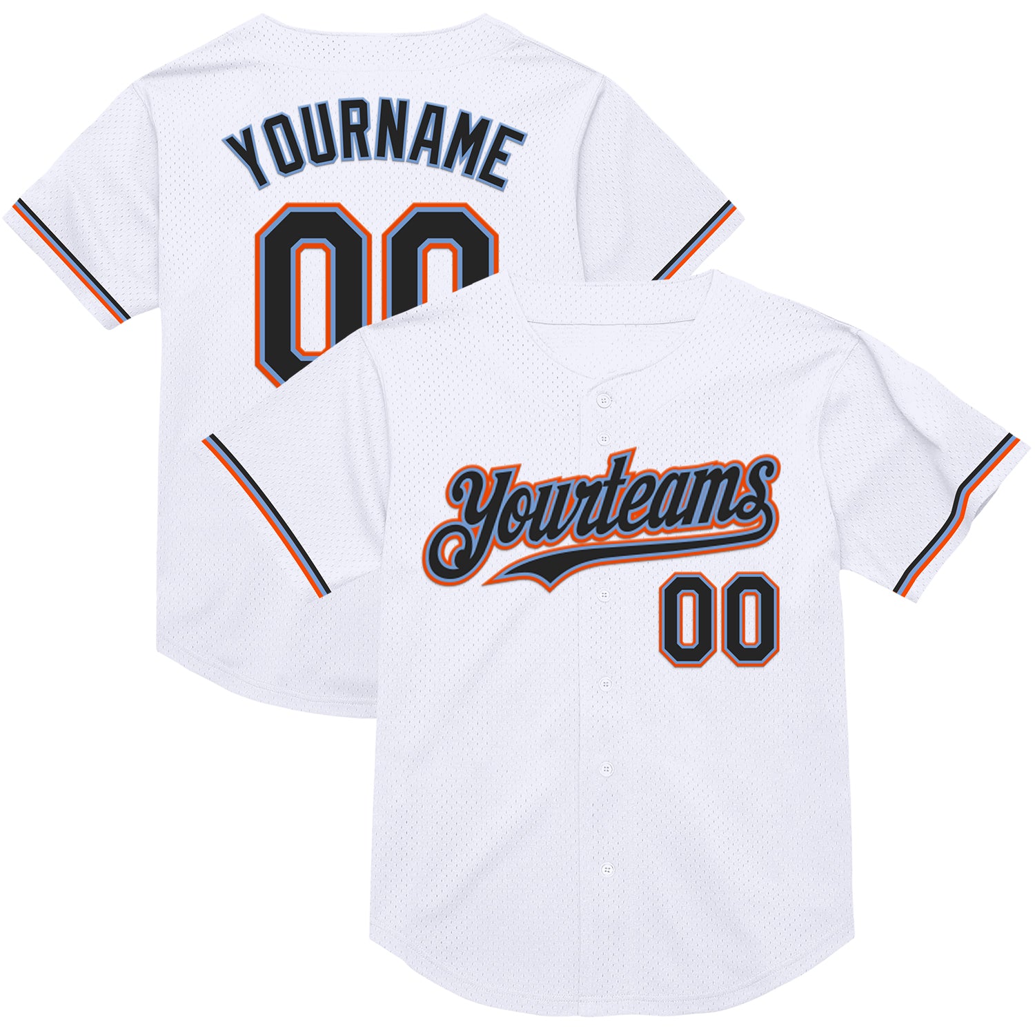 Custom Personalized Throwback Baseball Jersey - White Black Powder Blue Orange, Your Name & Number, Authentic Mesh Design
