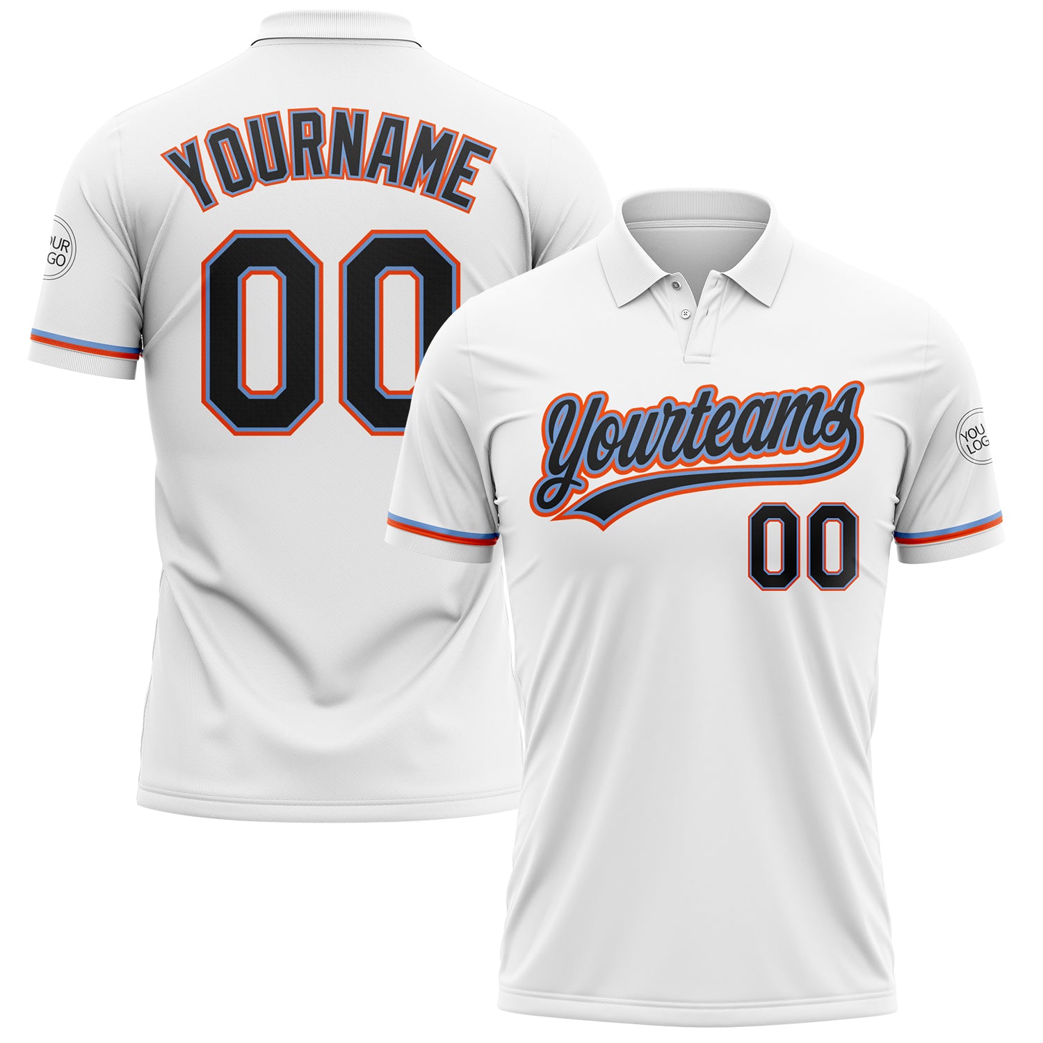Custom Performance Vapor Golf Polo Shirt - Personalized White Black Powder Blue-Orange with Team Name & Number Personalized
