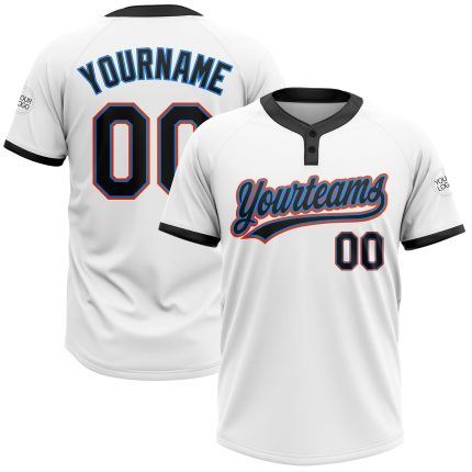 Custom Name and Number Two-Button Unisex Softball Jersey - Personalized White Black Powder Blue Orange Design Personalized
