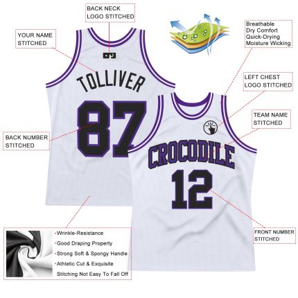 Custom Name and Number Personalized Authentic Basketball Jersey - White Black Purple Throwback Style Personalized White Black-Purple