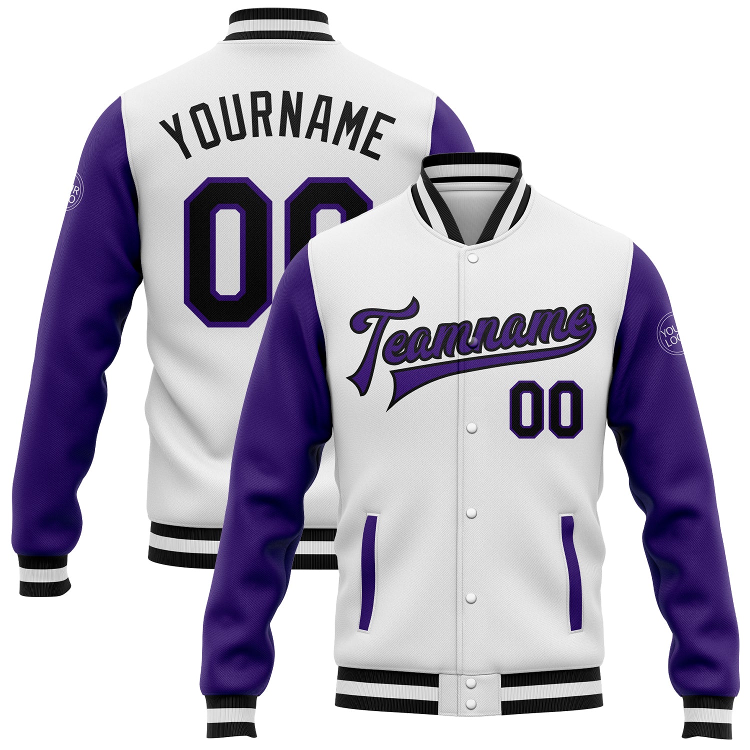Custom Team Name Number Two Tone Bomber Varsity Jacket Black Purple White Full-Snap Letterman Personalized White Black-Purple