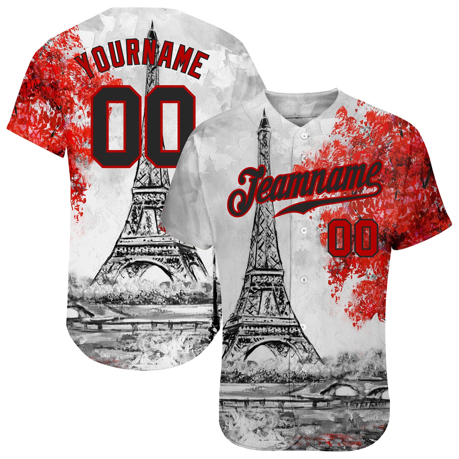 Custom Eiffel Tower Baseball Jersey with 3D White Black-Red Pattern, Personalized Name & Number, Authentic Design Personalized