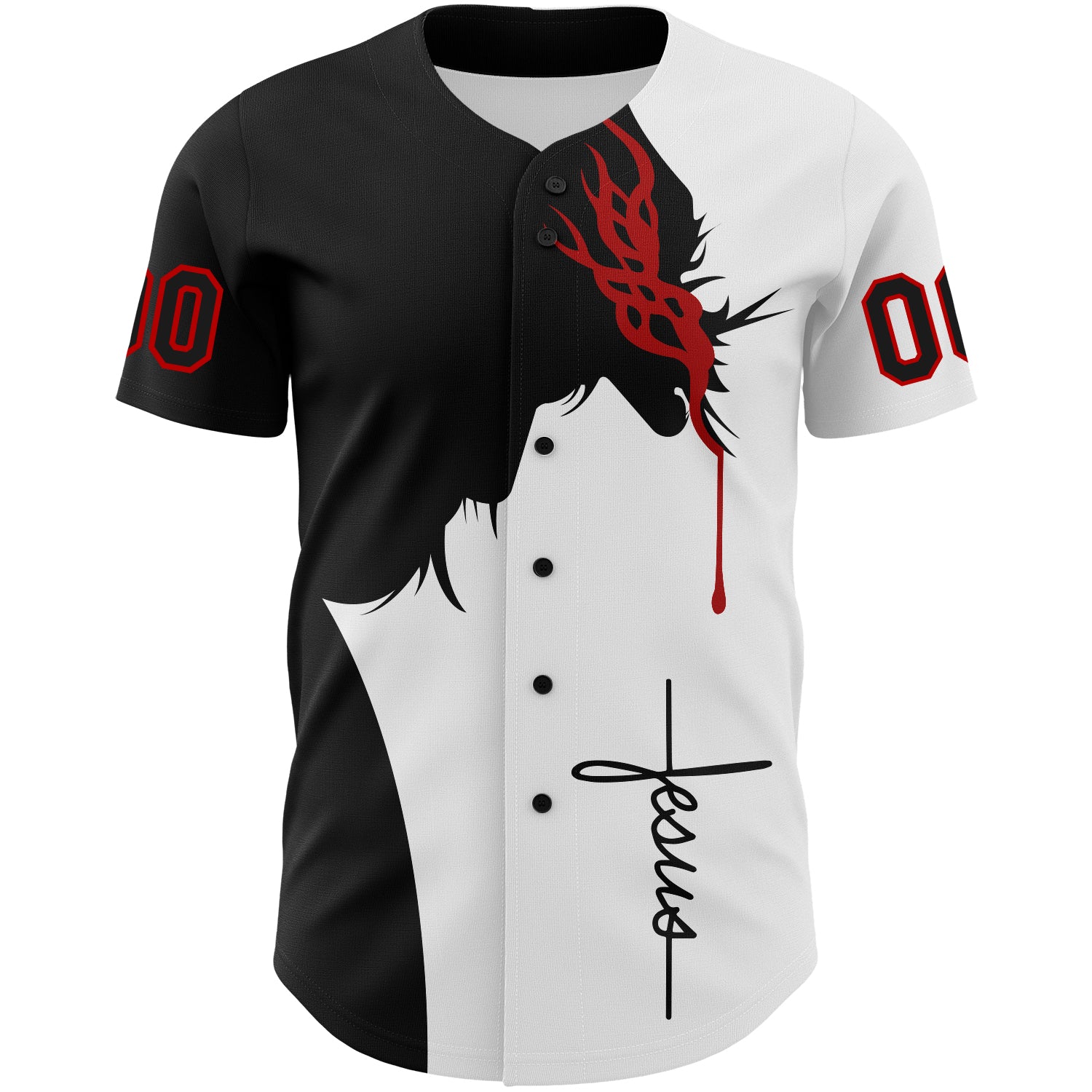 Personalized White Black-Red 3D Pattern Design Religion Jesus Christ Authentic Baseball Jersey Team Custom Name and Number Custom Jesus Christ Baseball Jersey with Personalized Name & Number, Authentic 3D Pattern in White Black Red Personalized - Image 2