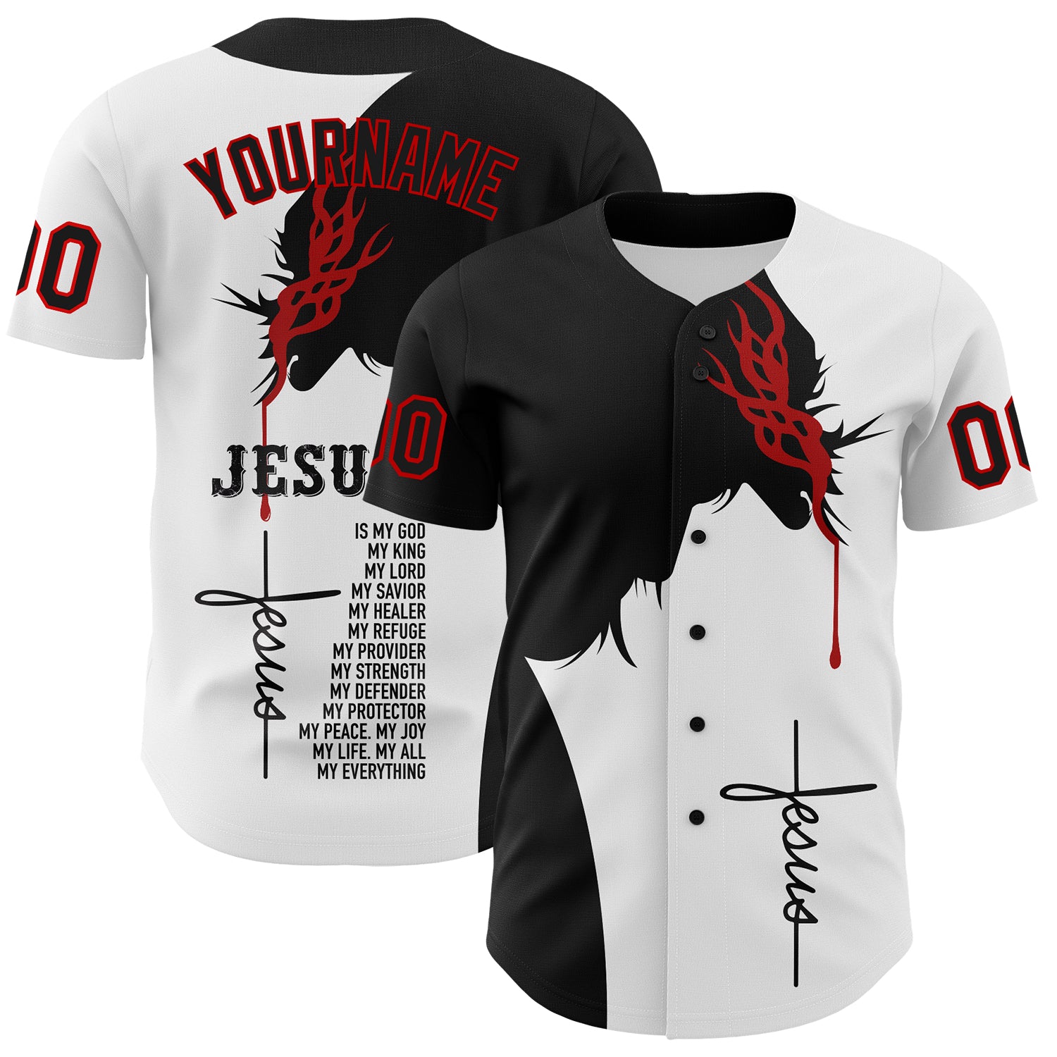 Custom Jesus Christ Baseball Jersey with Personalized Name & Number, Authentic 3D Pattern in White Black Red Personalized