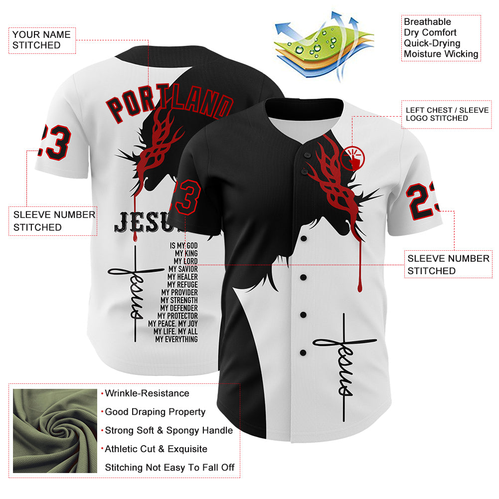 Personalized White Black-Red 3D Pattern Design Religion Jesus Christ Authentic Baseball Jersey Team Custom Name and Number Custom Jesus Christ Baseball Jersey with Personalized Name & Number, Authentic 3D Pattern in White Black Red Personalized - Image 3