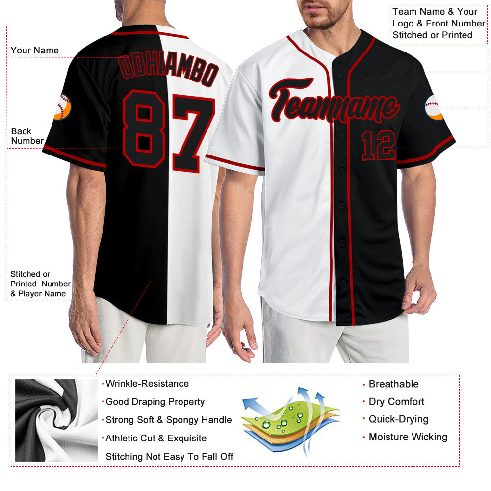 Personalized White Black-Red Authentic Split Fashion Baseball Jersey Team Custom Name and Number Personalized Authentic Baseball Jersey with Custom Name & Number - White Black-Red Split Fashion Design Personalized White - Image 3