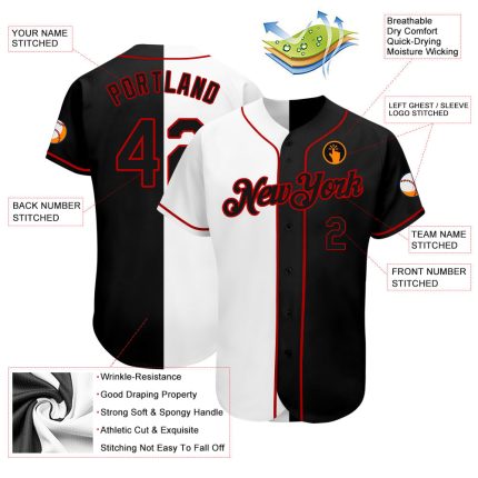Custom Name and Number Personalized Softball Jersey - Authentic Split Design in White, Black, and Red Personalized White-Black