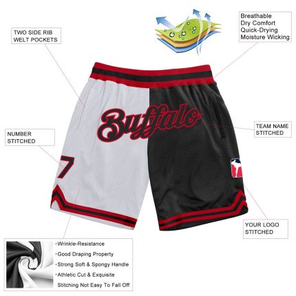 Custom Name Number Personalized Authentic Basketball Shorts White Black Red Throwback Split Fashion Personalized White Black-Red