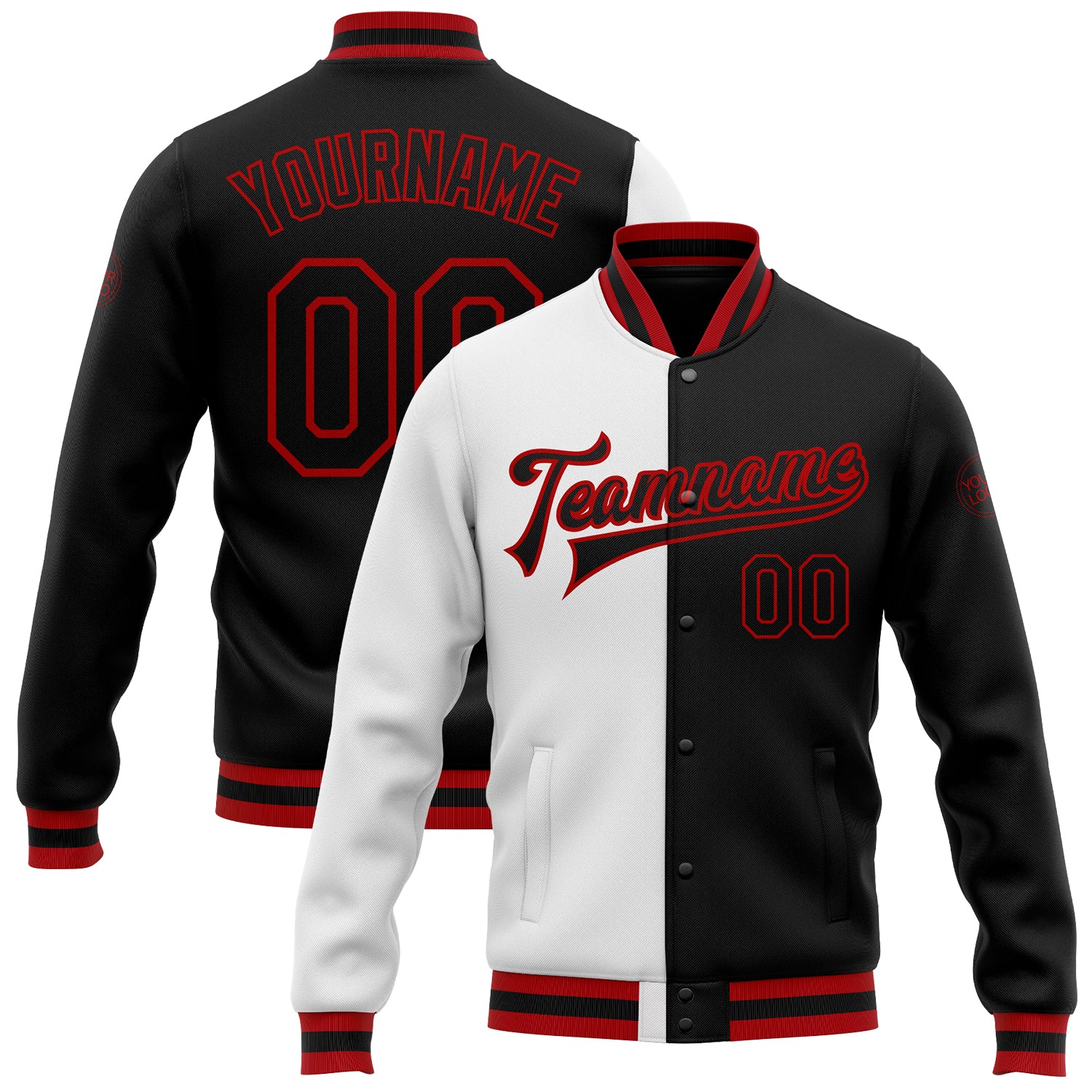 Custom Name and Number Bomber Jacket | Personalized White Black Red Varsity Letterman Full-Snap Fashion Jacket Personalized