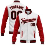 Personalized Two Tone Varsity Letterman Bomber Jacket White Black Red Full-Snap Personalized White Black-Red Bomber Full-Snap