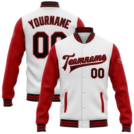Personalized Two Tone Varsity Letterman Bomber Jacket White Black Red Full-Snap Personalized White Black-Red Bomber Full-Snap