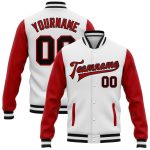 Custom Two-Tone Varsity Letterman Jacket with Personalized Name and Number, White Black-Red Bomber Style Personalized White