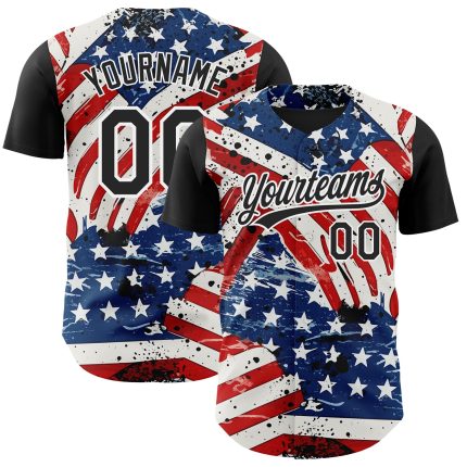 Custom American Flag Baseball Jersey Personalized Team Name Number 3D Patriotic Design in White Black Royal Red Personalized