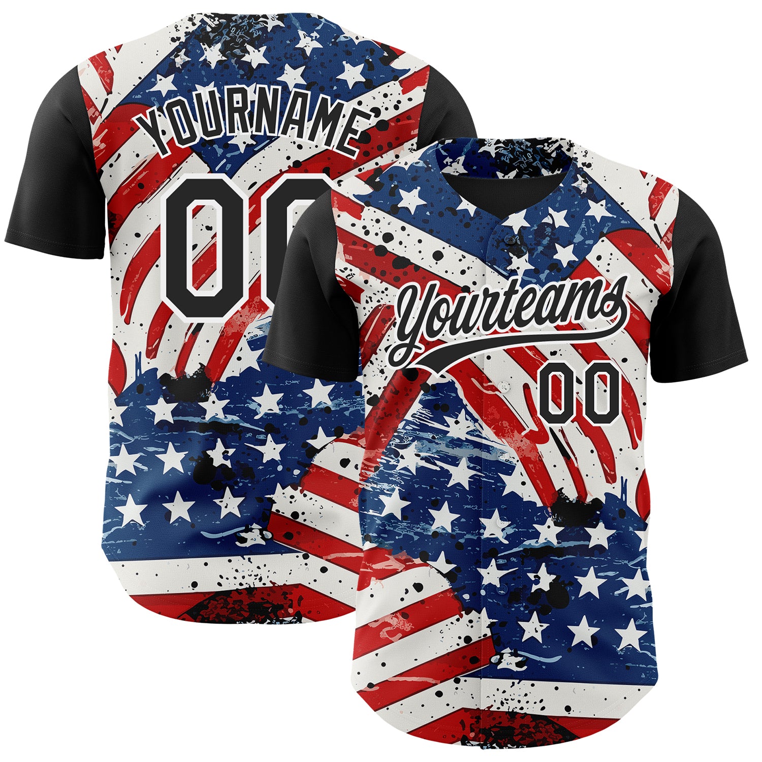 Custom American Flag Baseball Jersey Personalized Team Name Number 3D Patriotic Design in White Black Royal Red Personalized